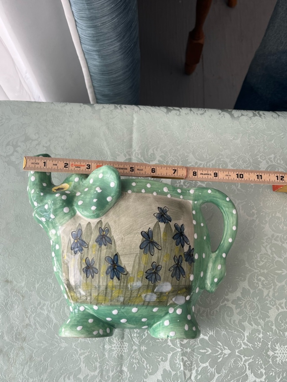 Elephant Pitcher with Green & White Polkadots & Violet Flowers. - Picture 6 of 6